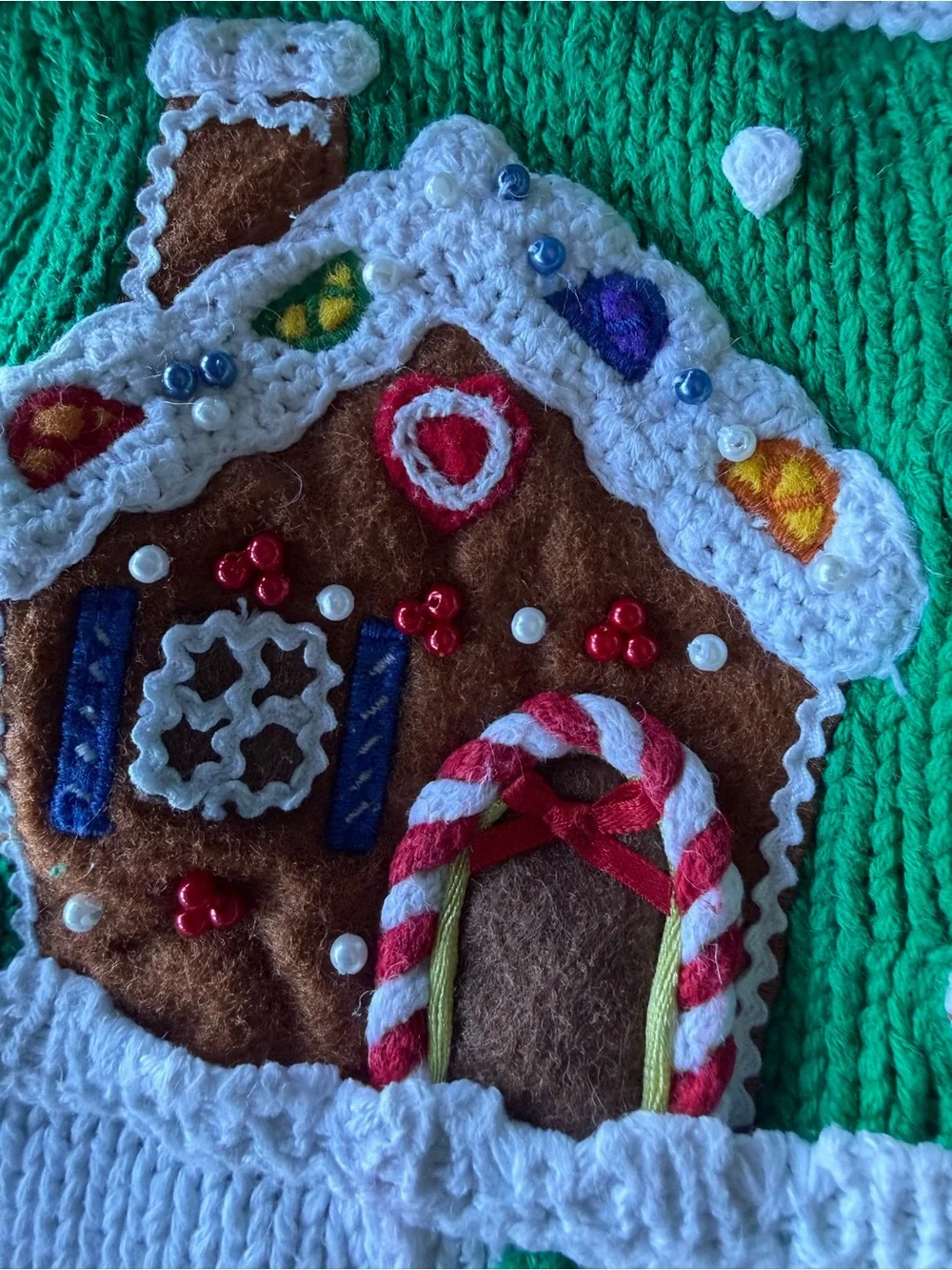 Green & White Gingerbread Holiday Sweater with Candy Decorations